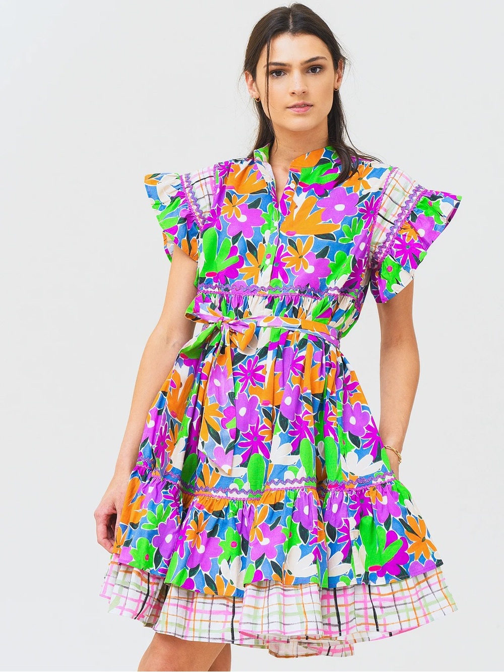 $286 Celia B XS Yvette Purple Vibrant Floral Tie-Waist Dress - Multicolor